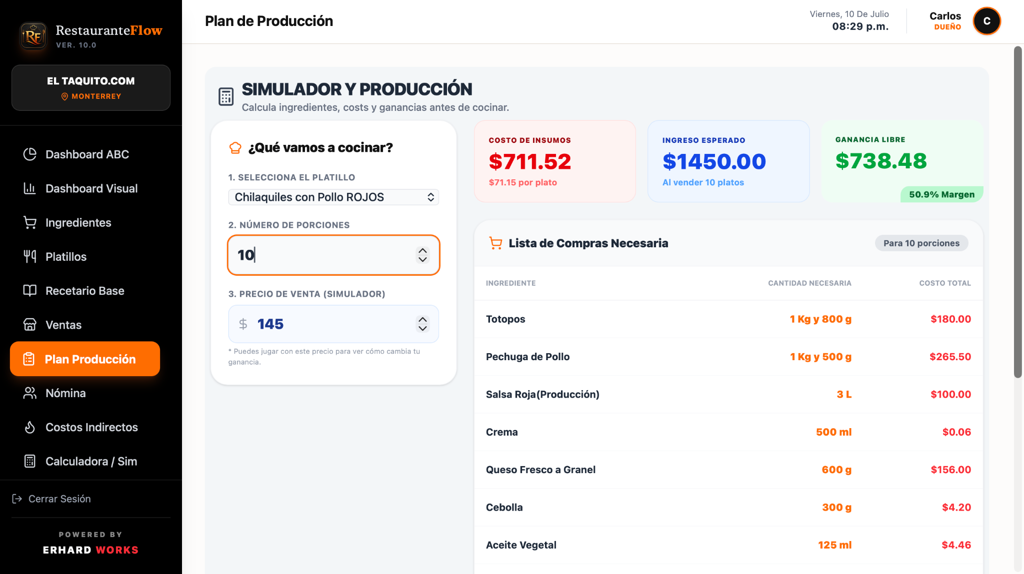 Simulador de producción de RestauranteFlow